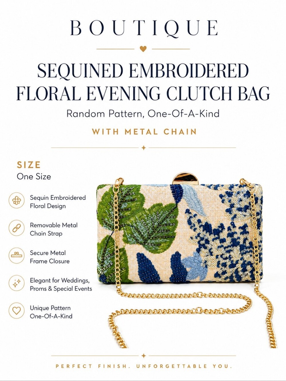 Elegant Sequined Embroidered Floral Evening Clutch Bag With Gold Chain BlueGreen